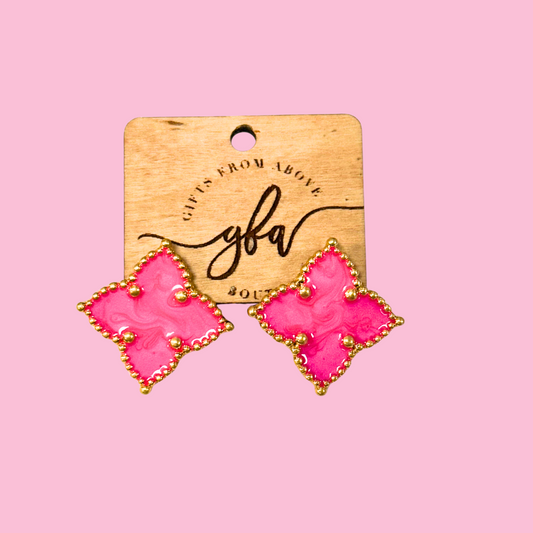 Gold w/Pink Marbled Clover Statement Earrings