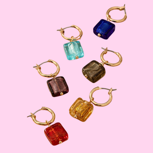 Square Murano Glazed Glass Huggie Hoop Earrings