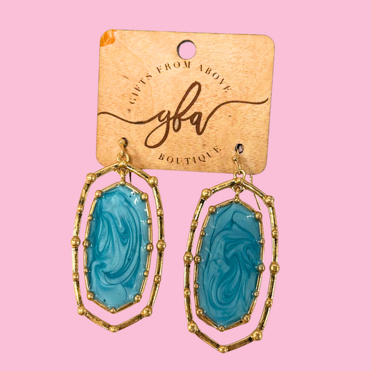 Gold w/Turquoise Metal Studded Oval Drop Earrings