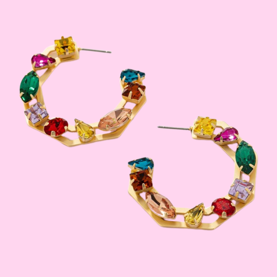 Colorful Stone Hexagon Hoop Earring