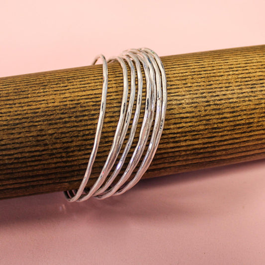 Worn Silver Wire Bangle Bracelets Set of 8