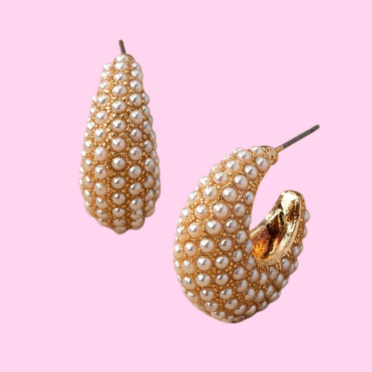 Pave Mini Pearl Huggie Hoop Earrings