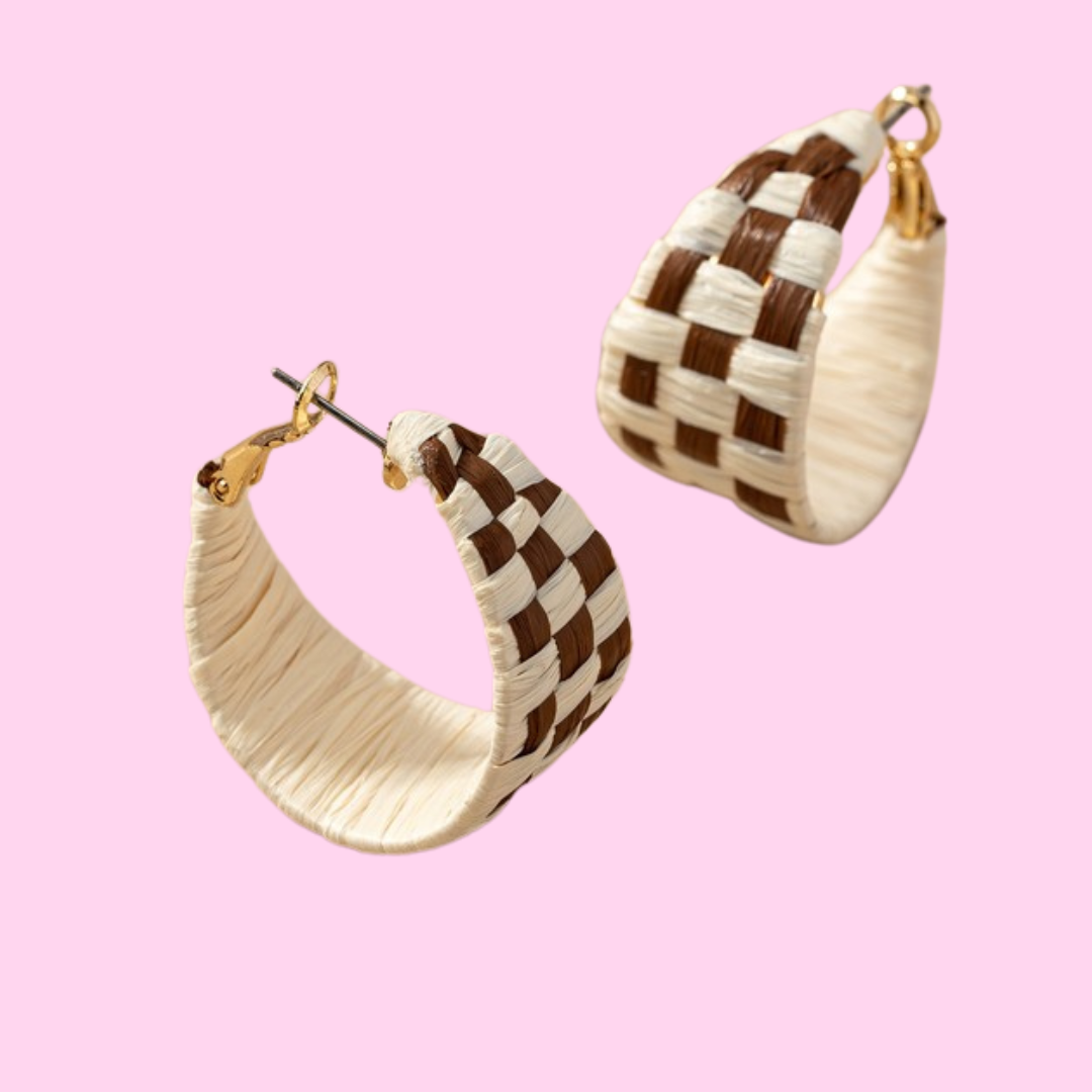 Raffia Straw Checker Hoop Earrings