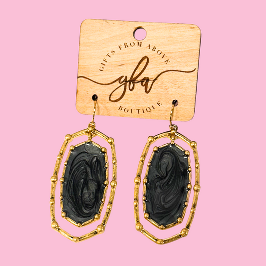 Gold w/Black Metal Studded Oval Drop Earrings