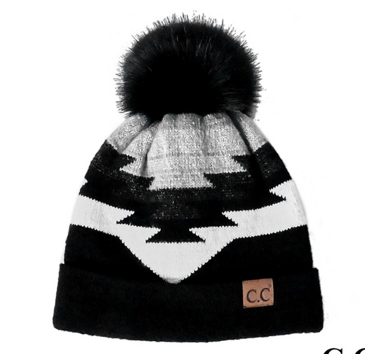 Aztec Pattern Pom Beanie Black